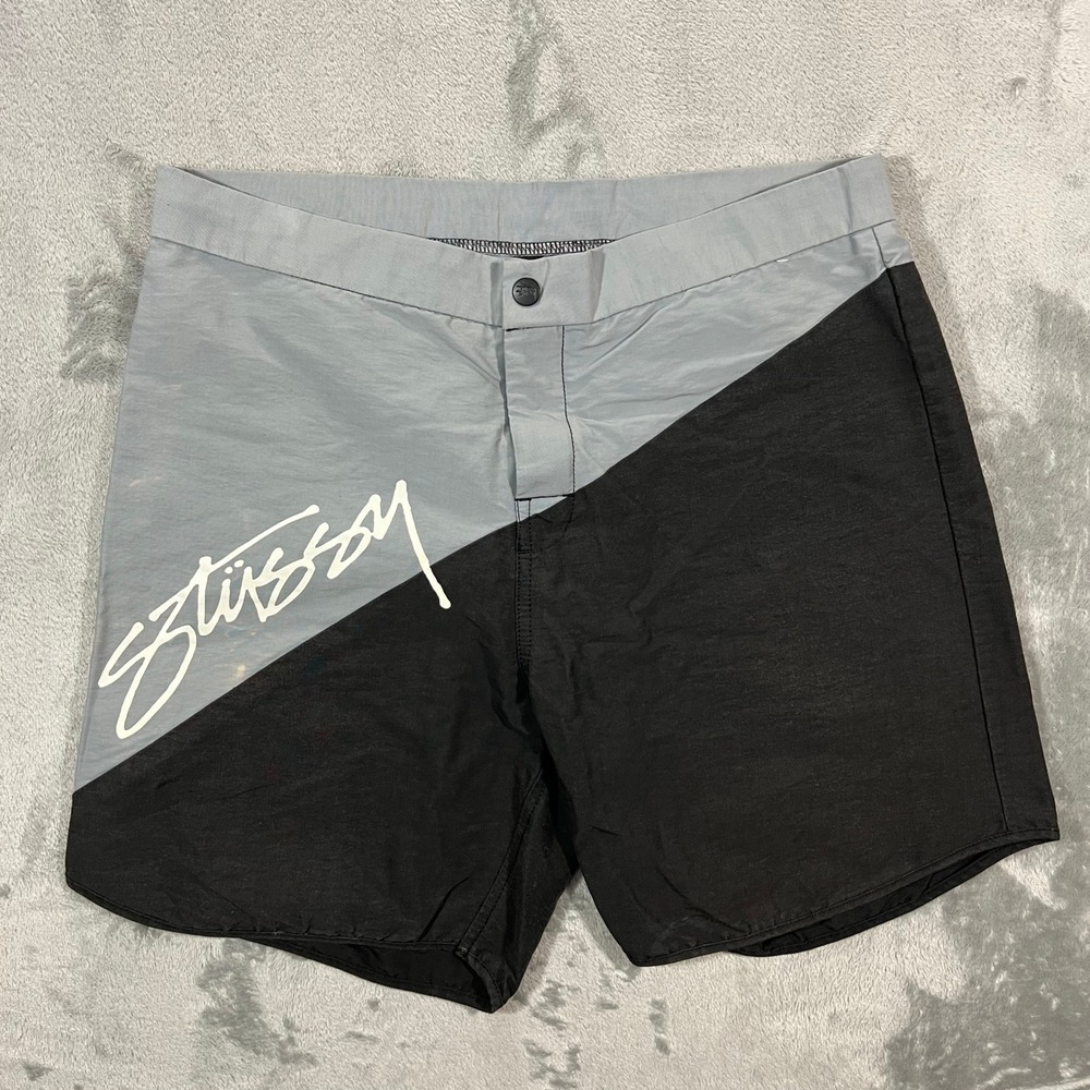 Stussy Board Shorts Mens Size 30 Grey Black Colorblock Logo Swim Trunks Beach